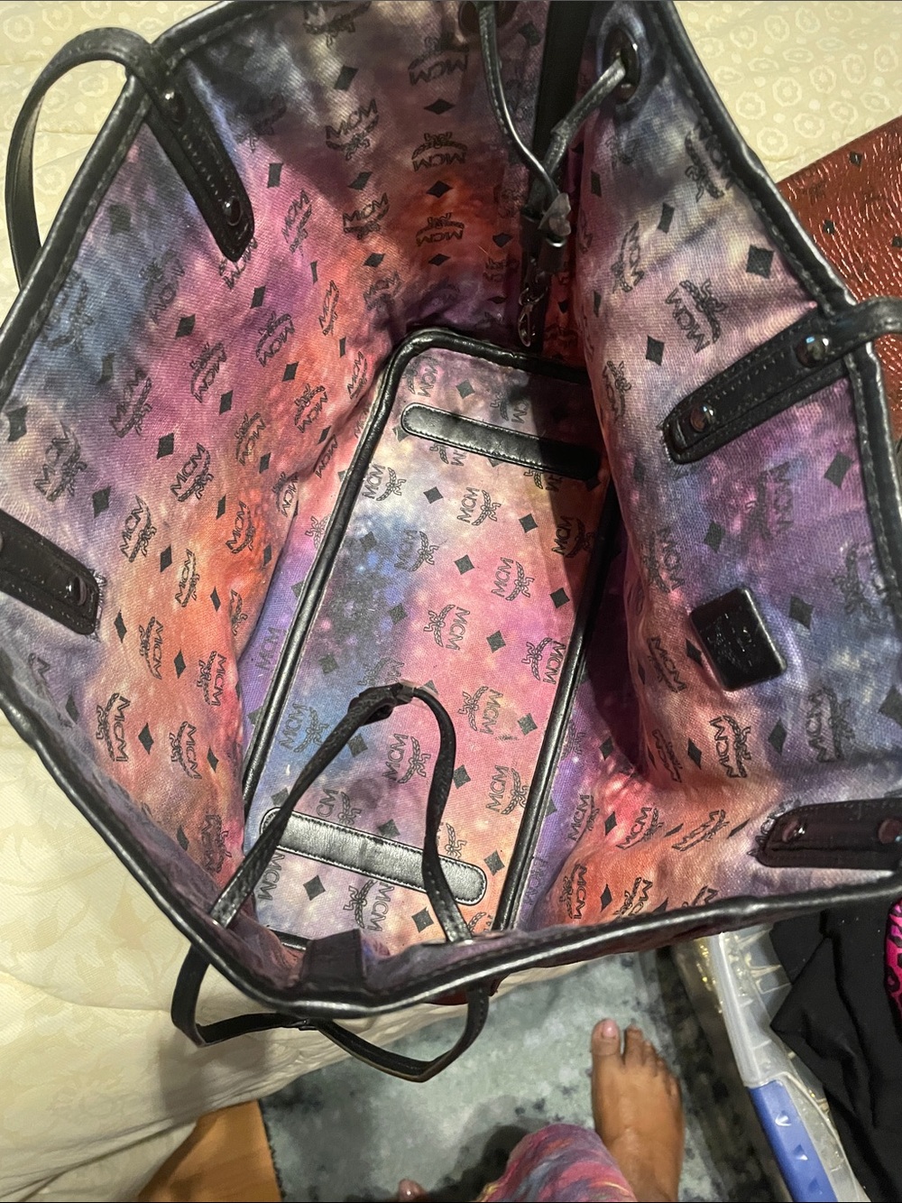 MCM Metallic Red Visetos Monogram Tote with Black Trim and Pouch - Picture 5 of 10